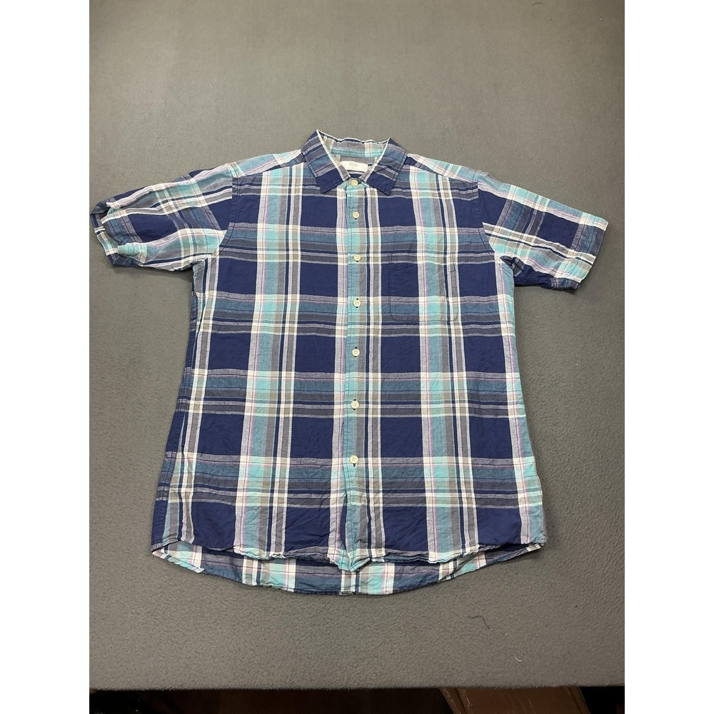 Uniqlo Shirt Mens‎ Medium Blue Plaid Short Sleeve Button Up Linen Cotton Casual